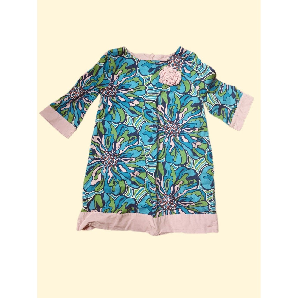 Lilly Pulitzer Girls Sz 4 Floral Cotton Dress Pink & Blue 3/4 Sleeve